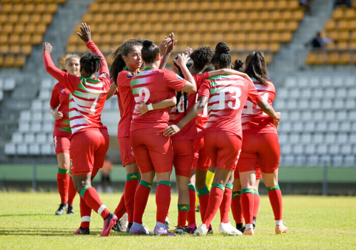 ROSEAU, DOMINICA. SEPT. 20: Stekkinger Shamaira #11 of Suriname celebrates his goal during the League B Group A match between Dominica and Suriname in the Road to Concacaf W Gold Cup, held at the Windsor Park Sport stadium, in Roseau, Dominica.