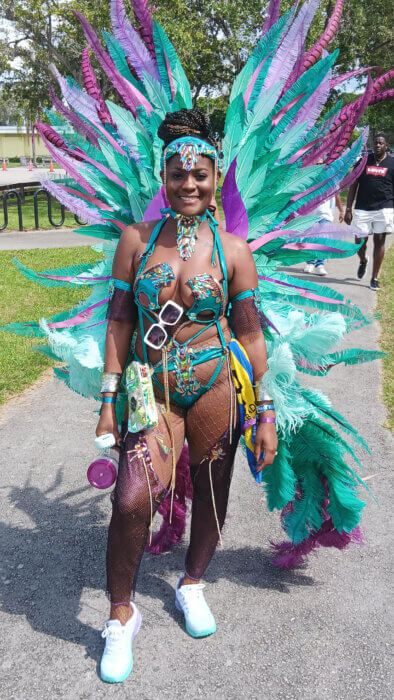 Masquerader massed with Bajan Fa-Eva costume band at the 2023 Caribbean Carnival in Miami, on Oct. 8, 2023.