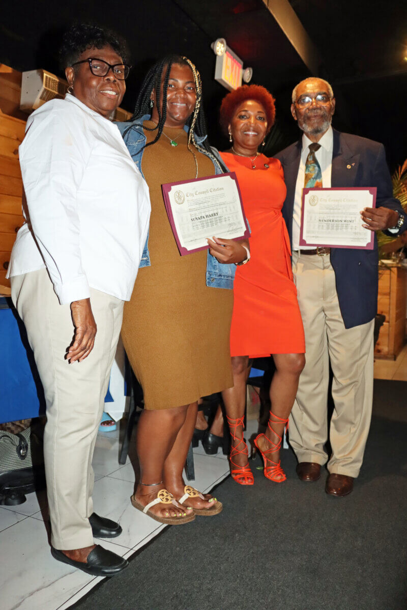 Councilmember Mercedes Narcisse, third from left, presents certificates to two Lions, flanked by Brooklyn Canarsie Lions President Jean Joseph, left, in July.