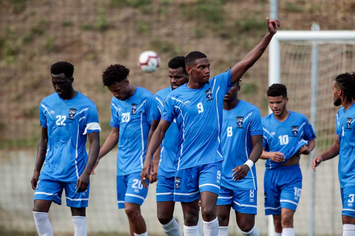 Stanley Segarel #9 of Saint Martin celebrating during the CONCACAF NATIONS LEAGUE match between Saint Martin and Anguilla, held at the SKNFA TECHNICAL CENTRE stadium, in Basseterre, Saint Kitts.