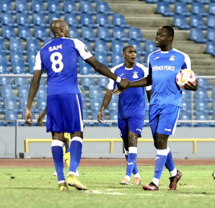 PORT OF SPAIN, TRINIDAD AND TOBAGO. SEPTEMBER 28th: Brent Sam #8 of Defence Force celebrating his goal during the match between AC Port of Spain vs Defence Force in the Concacaf Caribbean Cup, held at the Hasely Crawford Stadium, Port of Spain, Trinidad and Tobago.