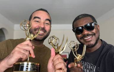 From left, Emmy-Award-winning Editor and Filmmaker Angel Castellanos, and Award-winning Filmmaker, and Co-founder of the A.M. Agency, Mason Richards, showcasing award statues.