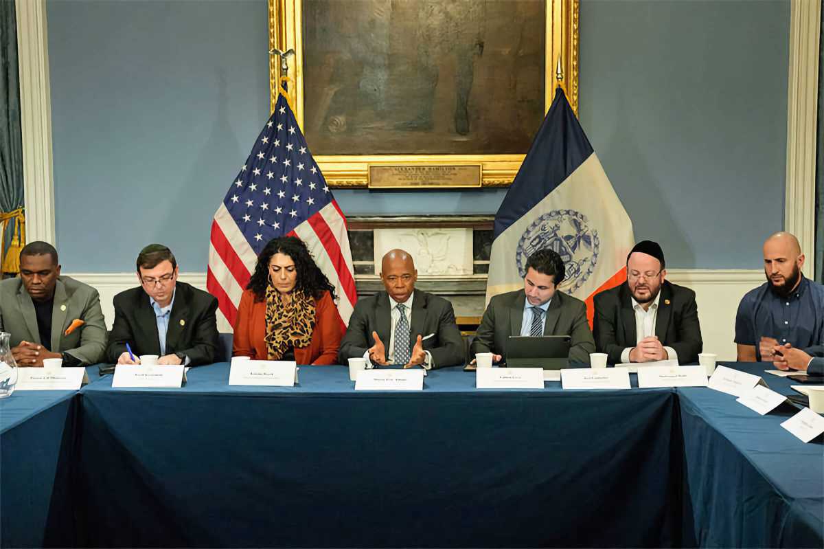 Mayor Eric Adams, center, leads Jewish, Muslim, and Christian faith and community leaders in discussion to tackle hate across five boroughs.