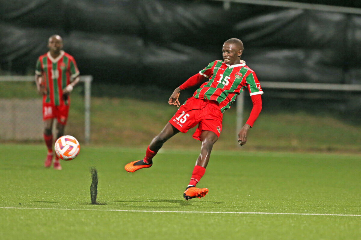 BASSETERRE, ST. KITTS & NEVIS. AUG. 4: Renske Adipi #15 of Robinhood drives the ball during the group a match between 0&M FC and Robinhood in the Concacaf Caribbean Club Shield, held at the SKNFA Tecchnical Centre stadium, in Basseterre, St Kitts & Nevis.