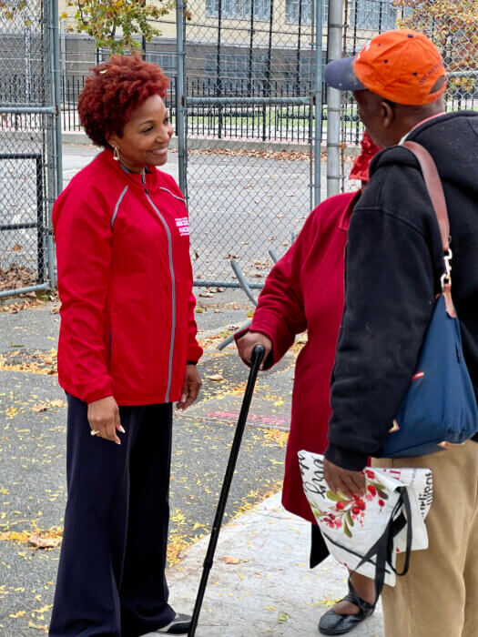 Councilwoman Mercedes Narcisse speaks to voters on Election Day outside IS 68 in Canarsie, Brooklyn.