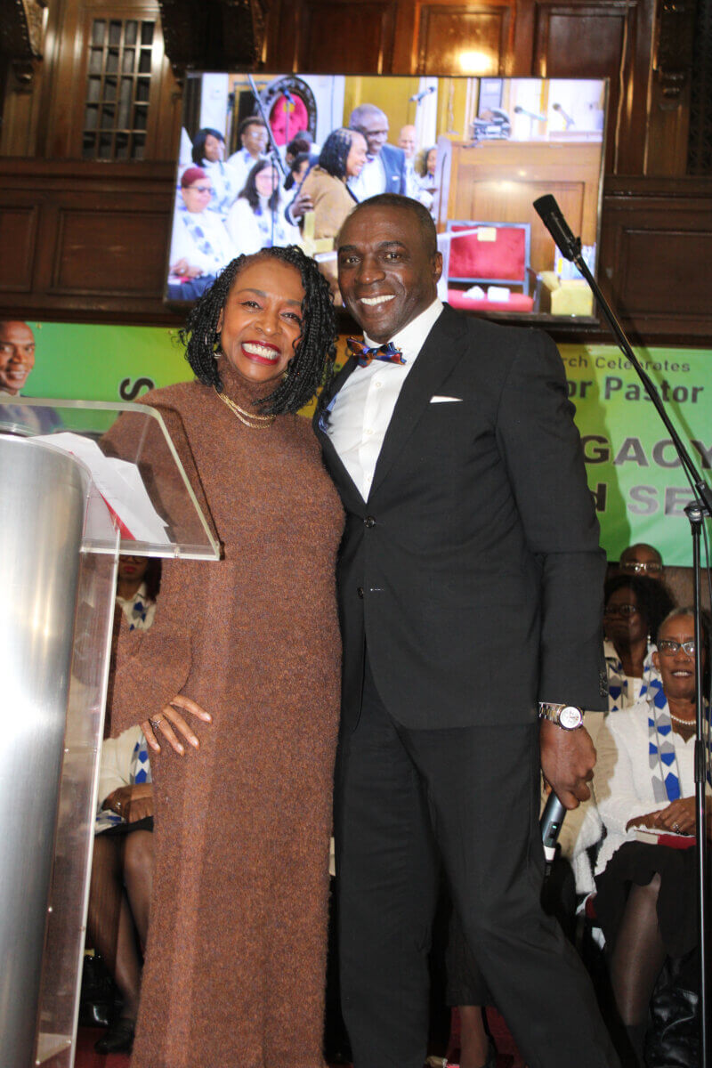 Congresswoman Yvette D. Clarke congratulates Rev. Dr. Clive E. Neil during his 35th Anniversary Pastoral Service at Bedford Central Presbyterian Church in Brooklyn.