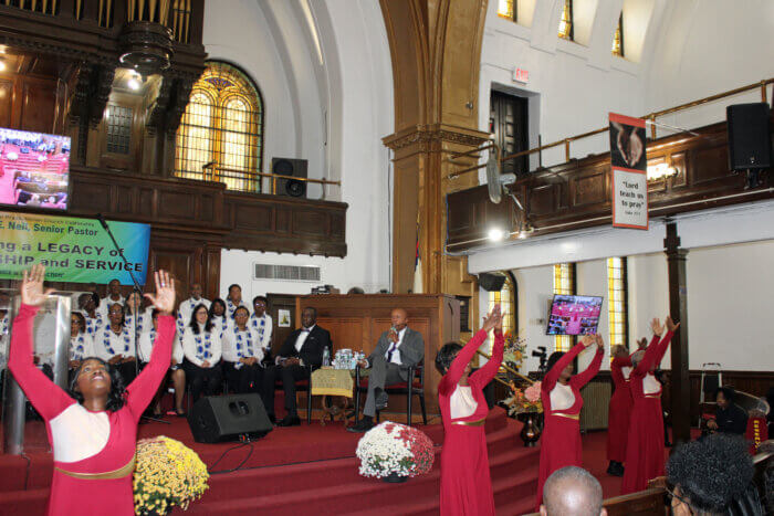 Praise dancers go through their paces at the 35th Anniversary Pastoral Service of Rev. Dr. Clive Neil, on November 12 at Bedford Central Presbyterian Church in Brooklyn.