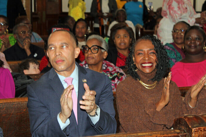 Minority Leader Congressman Hakeem Jeffries, and Congresswoman Yvette D. Clarke in the congregation during the 35th Anniversary Pastoral Service of Rev. Dr. Clive Neil, on Nov. 12 at Bedford Central Presbyterian Church in Brooklyn.