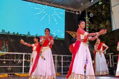 The Sanasani Dance Group members go through their paces during a sensational performance at the Annual Diwali Festival in Richmond Hill, Queens.
