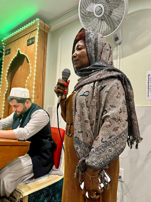 Council Member Mercedes Narcisse speaks at the Masjid Aisha Mill Basin Islamic Center in Brooklyn.