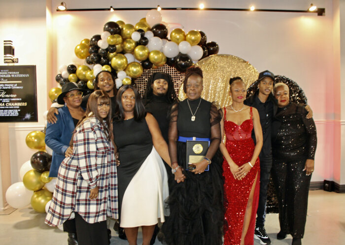 Sherma Chambers, mothers of Safe Cities, founder and director of Long Live King Kobe in memory of her son Tyler Kobe Nichols, whose son was murdered, with family members after being honored by NYC Assemblywoman Monique Chandler Waterman, at AD 58 2nd Annual Community Awards ceremony at the Top Civic Center, Brooklyn.