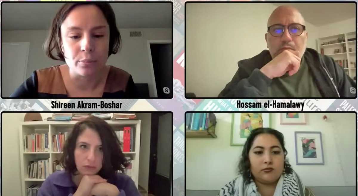 Screenshot of moderator Shireen Akram-Boshar (top left), and speakers Hossam el-Hamalawy (top right), Soheir Asaad (bottom left), and Banah Ghadbian (bottom right). They were part of Haymarket Books' virtual conversation, Rising Solidarity: Palestine and the Arab Revolution, on Nov. 28.