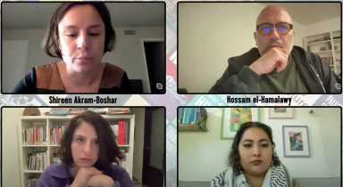 Screenshot of moderator Shireen Akram-Boshar (top left), and speakers Hossam el-Hamalawy (top right), Soheir Asaad (bottom left), and Banah Ghadbian (bottom right). They were part of Haymarket Books' virtual conversation, Rising Solidarity: Palestine and the Arab Revolution, on Nov. 28.