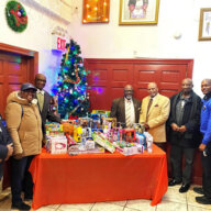 From left: Rt. Hon. Errol G. Collins, Most Worshipful Grand Master, Sis. Jerrel Radix, Hon. Herald Saunders, District Grand Master – Ad Interim, Composite District Grand Lodge #2, Rt. Hon. Francisco Bethune, Sr., Executive Grand Tyler, Rt. Hon. Leighton Dingwall, Executive Grand Secretary, Rt. Hon. Neville S. Reid, Executive Grand Trustee, Det. Christopher Kenny, Sis. Hyacinth Robinson-Goldson, Community Liaison.