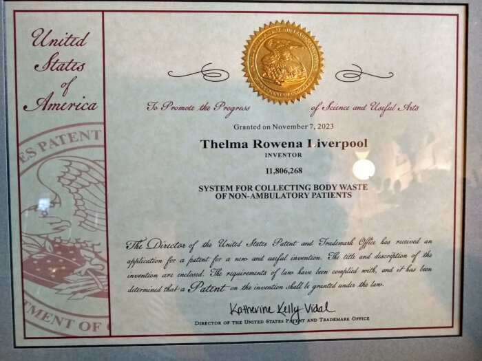 Photo of the patent granted to Guyanese inventor Thelma Rowena Liverpool.