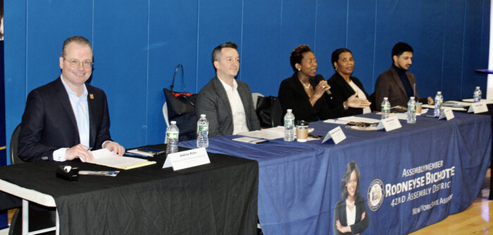 Representatives at a Jan. 12, Grant Guidance - non-profit information session at the Flatbush YMCA. From left, Andrew Miller, NYC Department of Youth and Community Development, (DYCD) Moikgantsi “Konsi” Kgama, program director, Culture, Department of Cultural Affairs, Andrea Black, chief administration, DCP, Angela Edwards, chief Administrator DCP, and Haris Khan, NYC Department of Small Business Services (SBS). The event was hosted by Assemblymember Rodneyse Bichotte Hermelyn, in partnership with Rita C. Joseph, District 40, Council Member Farah N. Louis, District 45, and Senator Kevin S. Parker, District 21.