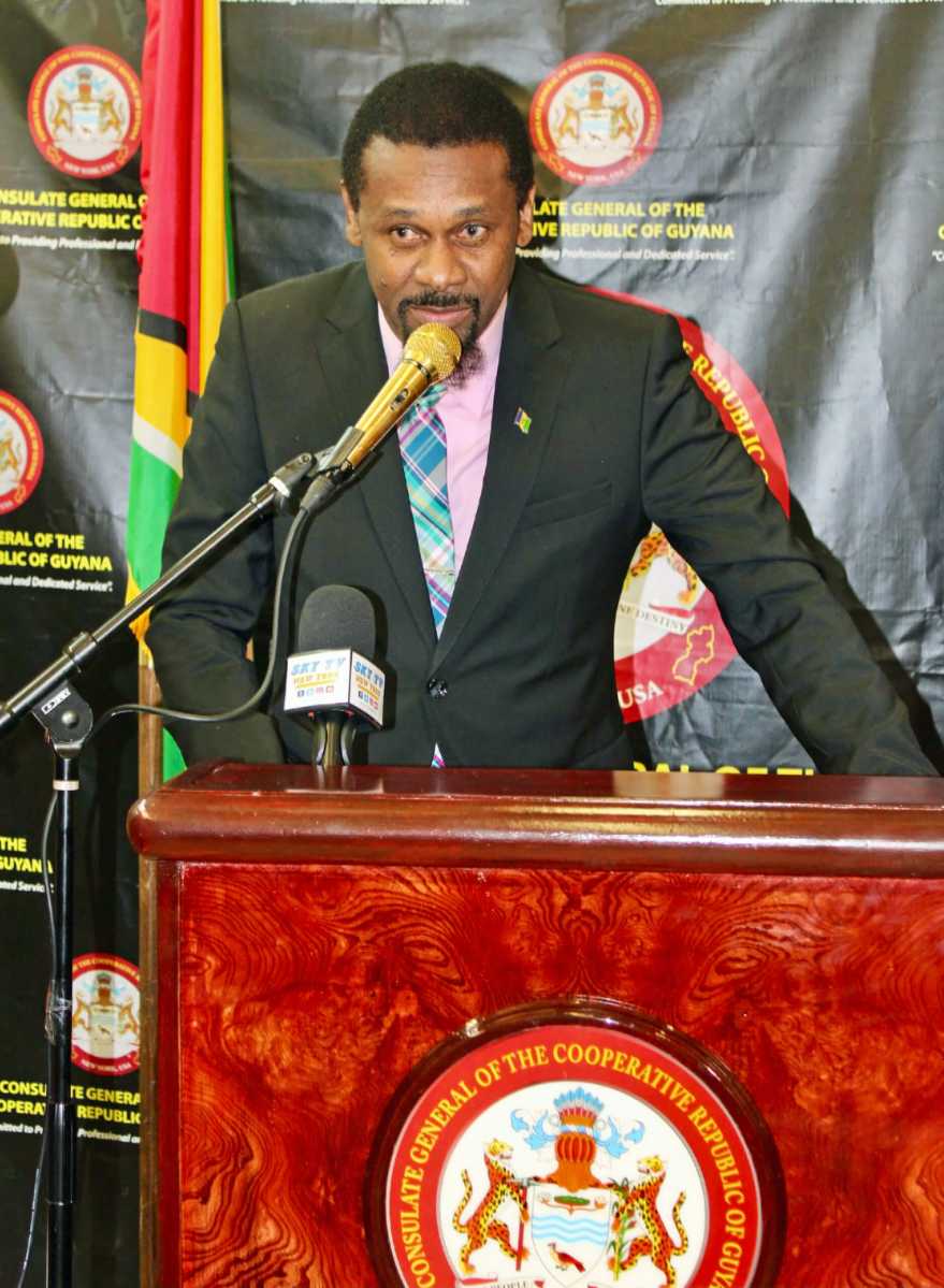 Rondy "Luta" McIntosh, consul general of St. Vincent and the Grenadines to New York, addressing an audience at the Guyana Consulate during a Republic Anniversary celebration last year.
