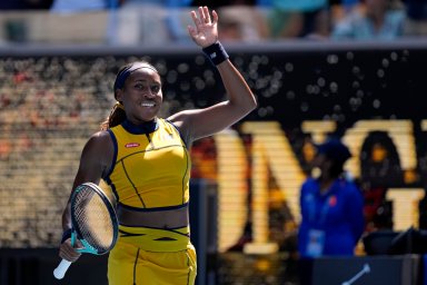 Coco Gauff of the U.S. celebrates after defeating compatriot Caroline Dolehide in their second round match at the Australian Open tennis championships at Melbourne Park, Melbourne, Australia, Wednesday, Jan. 17, 2024.