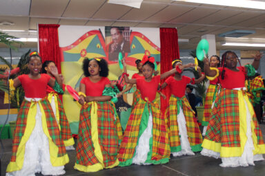Youths perform the Calypso Dance at Grenada’s 50th Golden Jubilee Youth Fiesta at Nazareth High School Auditorium in Brooklyn.
