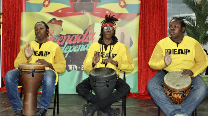Members of the DEAP Drumming Corp, during a spirited performance at Grenada’s 50th Golden Jubilee Youth fiesta at Nazareth High School auditorium in Brooklyn, on Jan. 20, 2024.