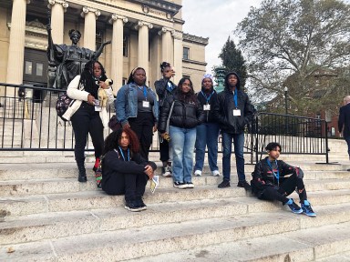 Current students on the team of the journalism publication at Queens Preparatory Academy, while they were visiting Columbia University.