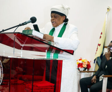 Pastor the Rev. Dr. Neithe Soleyn delivers the sermon at the funeral service for Vincentian soccer star Elliott "Morey" Millington in August 2023.