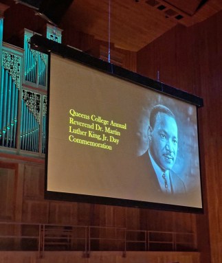 An image of Reverend Dr. Martin Luther King Jr. displayed at Queens College.