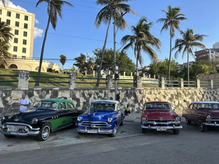 A fleet of vintage cars in Cuba awaits guests of CariBeat, who will be taken on a guided tour of the enchanting city of Havana during a culinary cultural experience of a lifetime.
