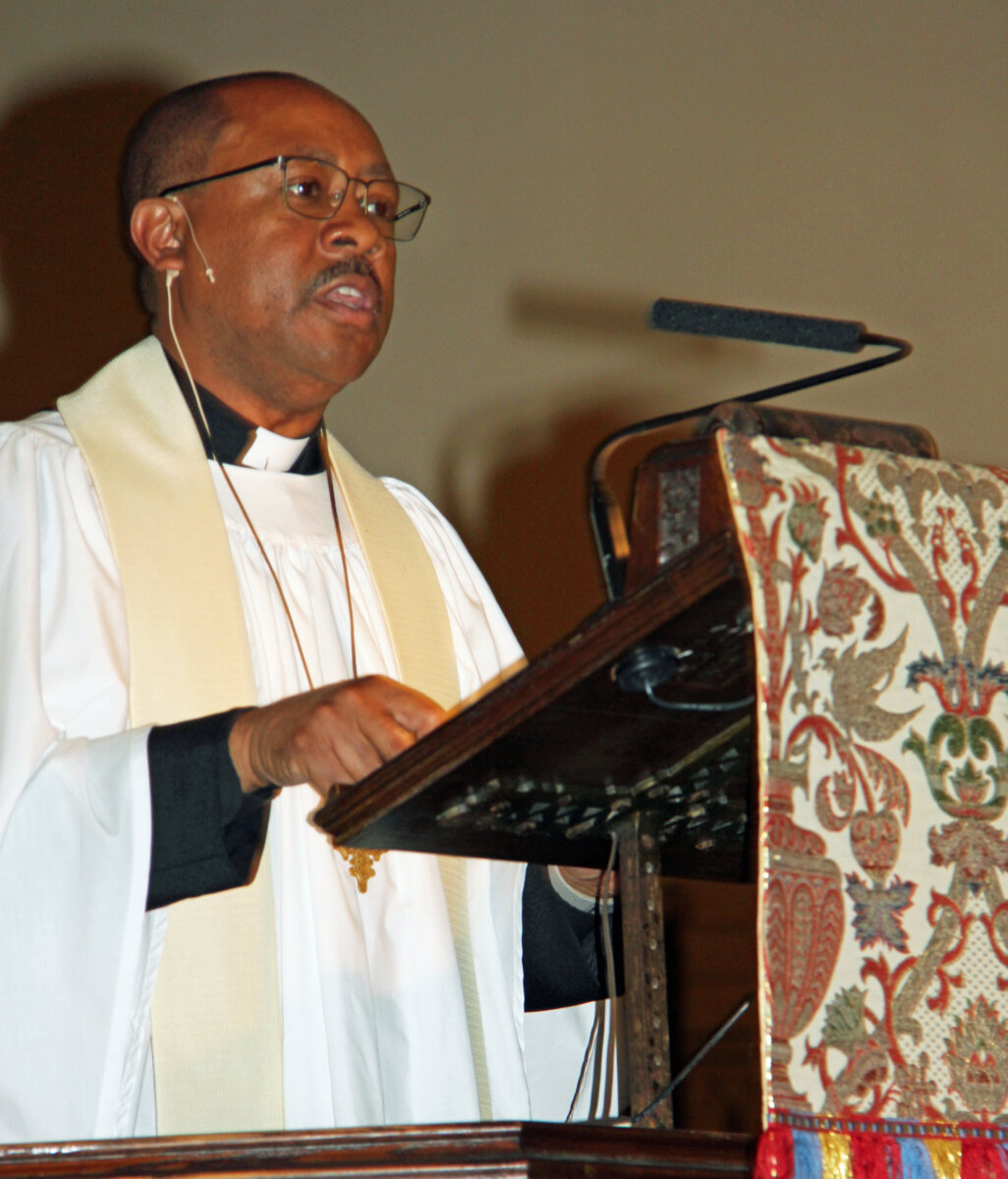 The Rev. Sheldon Hamblin delivers the Homily in April 2023 at the funeral in Long Island, for former St. Vincent and the Grenadines Ambassador to the United Nations, Dennie Wilson.