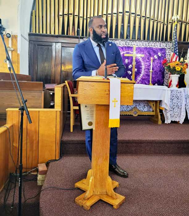 Assemblyman Brian Cunningham addresses congregation at Fenimore Street United Methodist Church on Feb. 4.