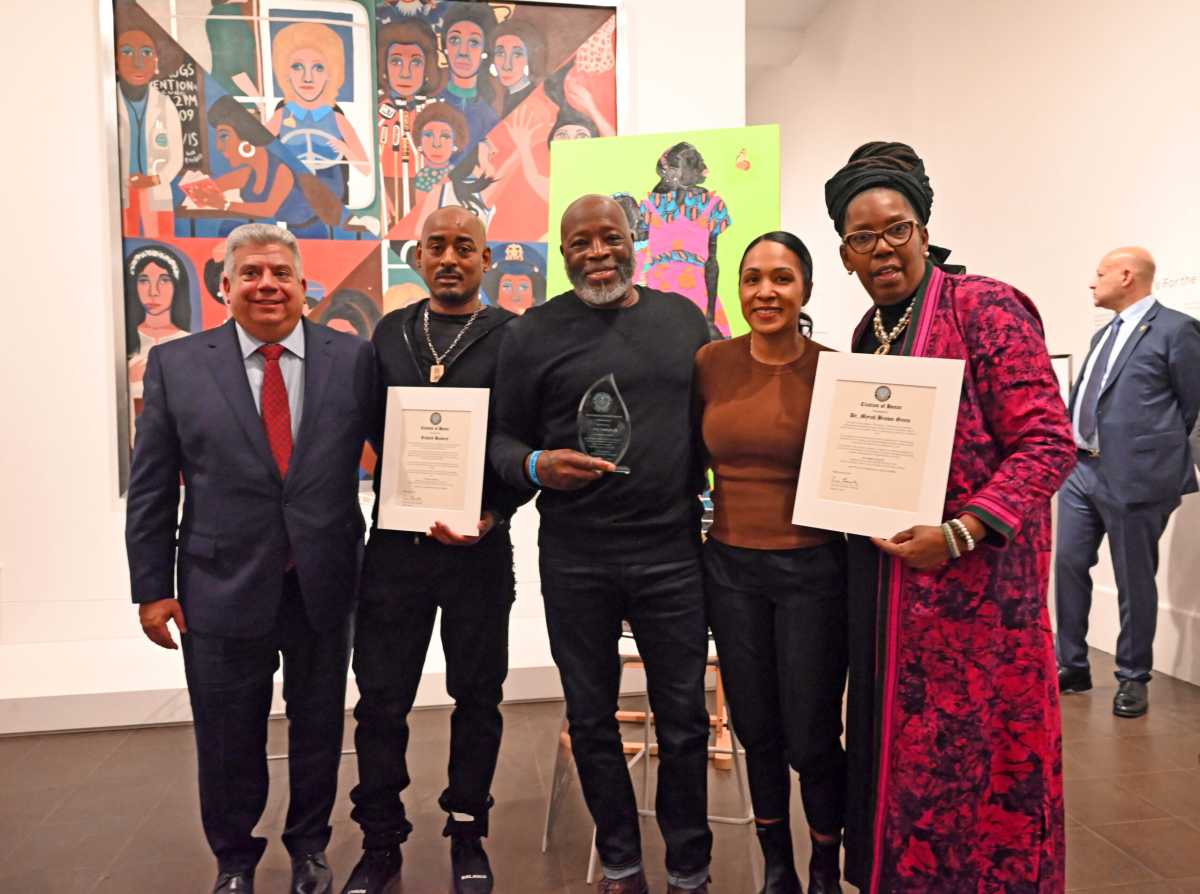 From left, DA Eric Gonzalez, Richard Beavers, Leroy Campbell, NYPD First Deputy Commissioner Tania Kinsella and Dr. Myrah Brown-Green.