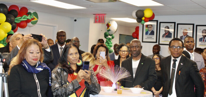 A colorfully dressed audience pay rapt attention to speakers during a 54th Republic Day Observance at the Guyana Consulate in Manhattan, on Feb. 22.