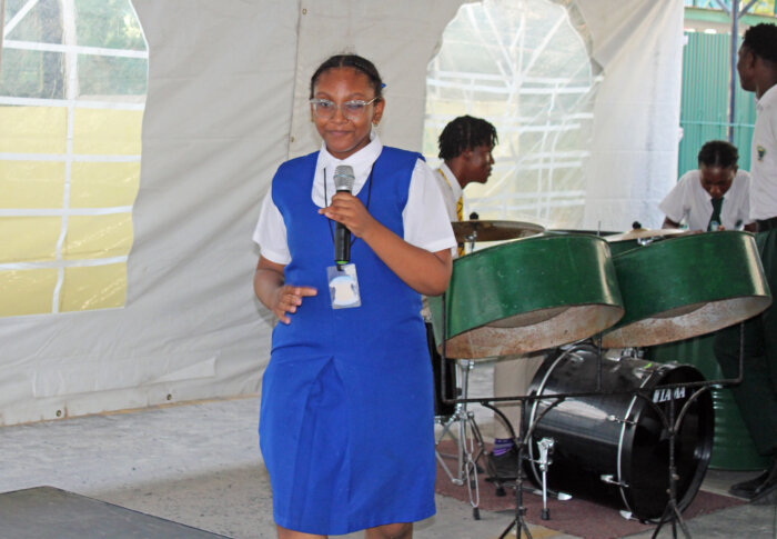 Danielle Holder of Graham’s Hall Primary School, reciting the dramatic poem, “My People from Grass to Grace" during the Education Ministry's band launch and cultural presentation, on Feb. 8, in Georgetown, Guyana.