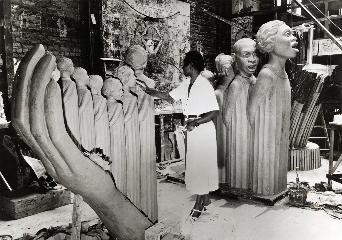 Sculptor Augusta Savage in her studio working on her 1939 New York World's Fair monument Lift Every Voice and Sing.
