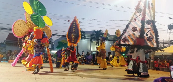 Members of the carnival band “Ancestral Warriors” on stage in Couva, Trinidad on Carnival Tuesday, Feb. 13, 2024.