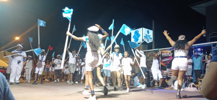 Bacchanal Sailors cross the stage in Couva, Trinidad on Tuesday evening, Feb.13, 2024.
