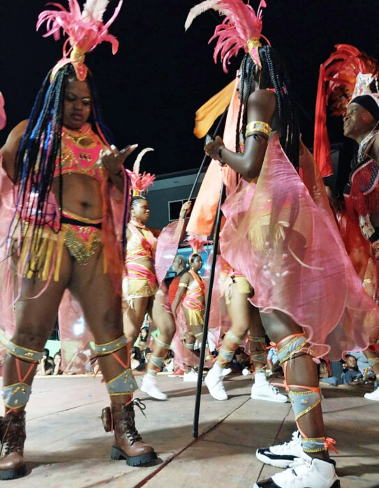 Another section of the carnival band “Ancestral Warriors” on stage in Couva, Trinidad on Carnival Tuesday, Feb.13, 2024.
