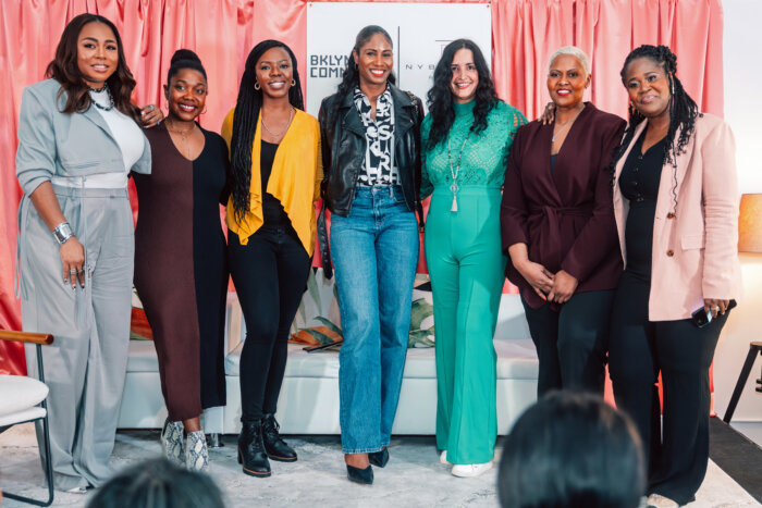 From left: Moderator Kela Walker; and panelists Kelly Ifill, founder/CEO Guava Financial Services; May Bowman, founder/CEO Official Black Wall Street; Kahlilah Webster, co-founder/managing partner, VMVP Accelerator, Inc.; Tanyette Colon, founder/CEO In-FUUSE; Keisha Hickson, CEO, Hickson Agency, Inc, along with Johanne Brierre, Founder/CEO BKLYN Commons & NYBeauty Suites.