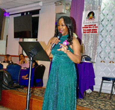 Dr. Veronica Wiltshire, a Guyanese-born board-certified pediatrician, addressing the audience at the 2nd Annual Ken Rampersaud Show International Women's Day Awards Gala, on March 22, at Queens, Starlight Pavilion.