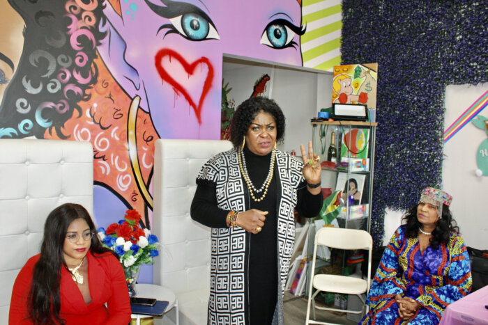 Nigerian NGO founders, Dr. Ezinne C. Kalu, Chiomo LN Uzo-Udegbunam Ph.D, and founder of non-profit Culture of Blessings, Bibi Alli, during an International Women's Day awards presentation at Twisted N Brushes art gallery, in Ozone Park Queens, on March 18.