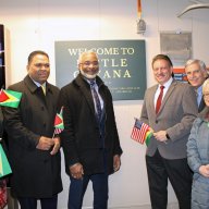 From left, Lynette Shelborne-Barfield, director of strategic partnership, office of NY City Council Speaker Adrienne Adams, Romeo Hitlall, 1st vice district governor of the Brooklyn & Queens Lions Club, Demetrius Crichlow, senior vice president of the New York City Transit Department of Subways, Senator Joseph P. Addabbo Jr., 15th Senate District, Assemblyman David I. Weprin, District 24, and Lynn C. Schulman, city council member, District 29, and Vijah Ramjattan pose after unveiling the “Welcome to Little Guyana” plaque in the mezzanine of the Lefferts Boulevard A-train station.