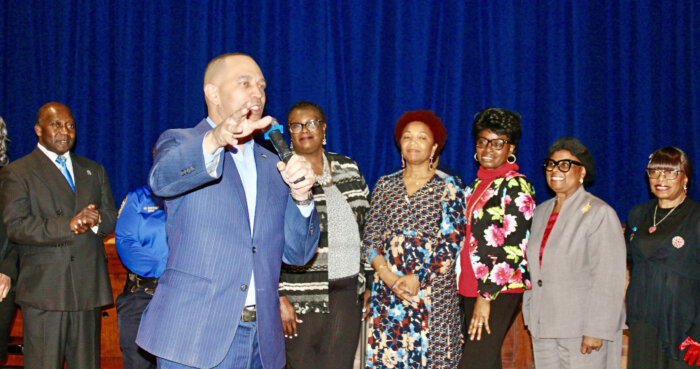 House Minority Leader, Congressman Hakeem Jeffries addressing the 2nd Annual Older Adult Dinner in the Holy Family Auditorium on March 9, as attendees look on.