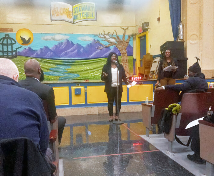 Downstate medical employee, Alithia Alleyne, addressing the audience with United University Professional (UUP) Chapter President, Redetha Abrahams-Nichols.