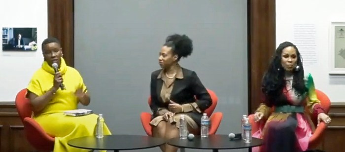 From left: Moderator Jenna Flanagan, Dr. Uche Blackstock, and Dr. Aletha Maybank, seated on stage during the virtual event, celebrating Dr. Blackstock's book Legacy, hosted by the Brooklyn Public LIbrary's Center for Brooklyn History (BPL-CBH) on April 10, 2024.