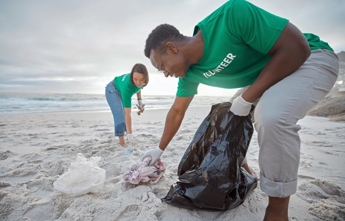 Friends, cleaning and recycling with people on beach for sustainability, environment and eco friendly. Climate change, earth day and nature with volunteer for community service, pollution and plastic