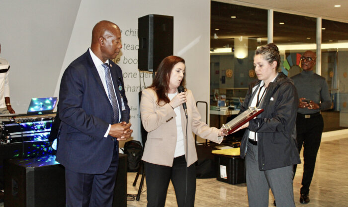 The team of the UN Diplomatic Security Service presented a retirement plaque to Captain Eric Bramwell during a farewell party at the UN Headquarters in Manhattan on March 28, celebrating 36 1/2 years of service.