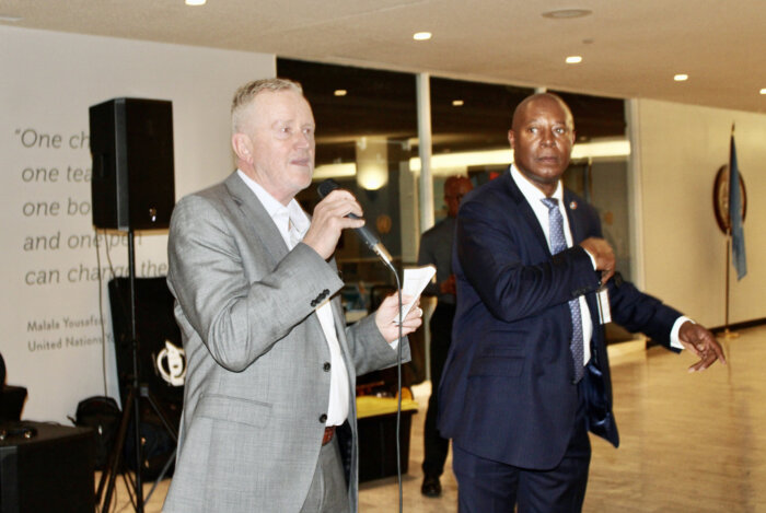 UN Chief of Security Michael Browne, next to Captain Eric Bramwell, delivered a glowing tribute to the retiree during a farewell party at the UN Headquarters in Manhattan on March 28.