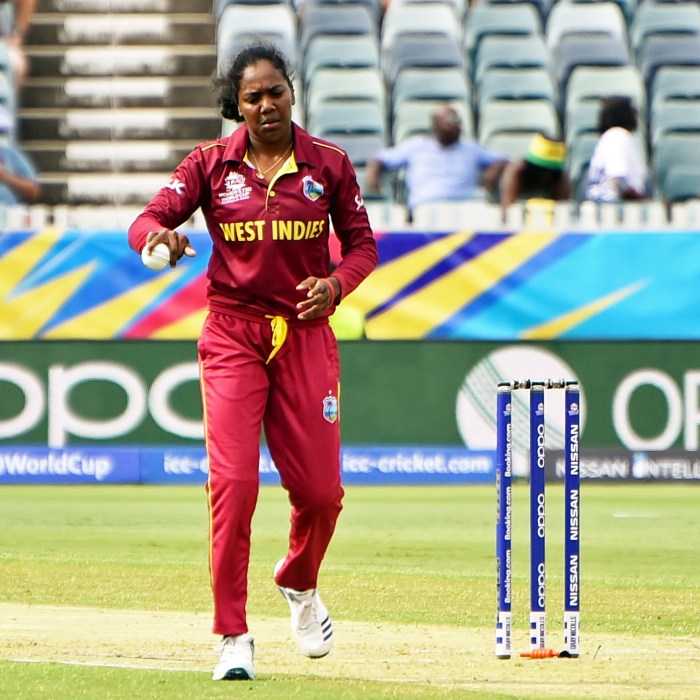 Afy Fletcher walking back to her mark while bowling for the West Indies against Thailand during their 2020 ICC Women's T20 World Cup match at the WACA Ground in Perth, Australia.