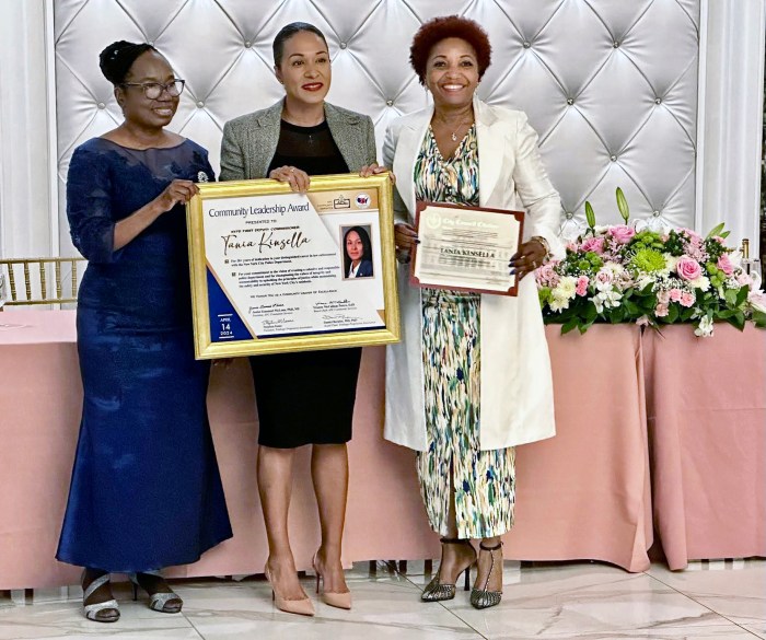 President of APC Community Services, Dr. Janice Emanuel-McLean, left, presents, First Deputy Commissioner NYPD, Tania Kinsella with an award for her outstanding contributions. Next to her, is District 46 Councilmember Mercedes Narcisse, who presented a citation to the Law Enforcement officer at the April 14 Awards Gala that raised funds for a medical mission to Trinidad from May 13-27.
