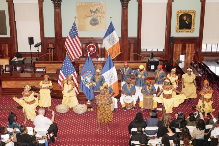 Members of the Wabafu Garifuna Dance Theater performs at City Hall as NYC Council celebrates Garifuna heritage.